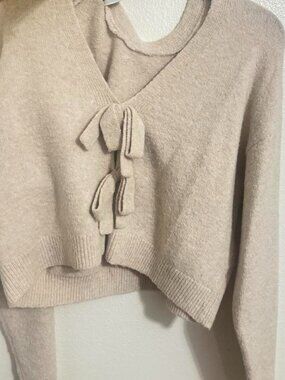 Beige Knit Tie Front Cropped Cardigan - Long Sleeve Bow Top